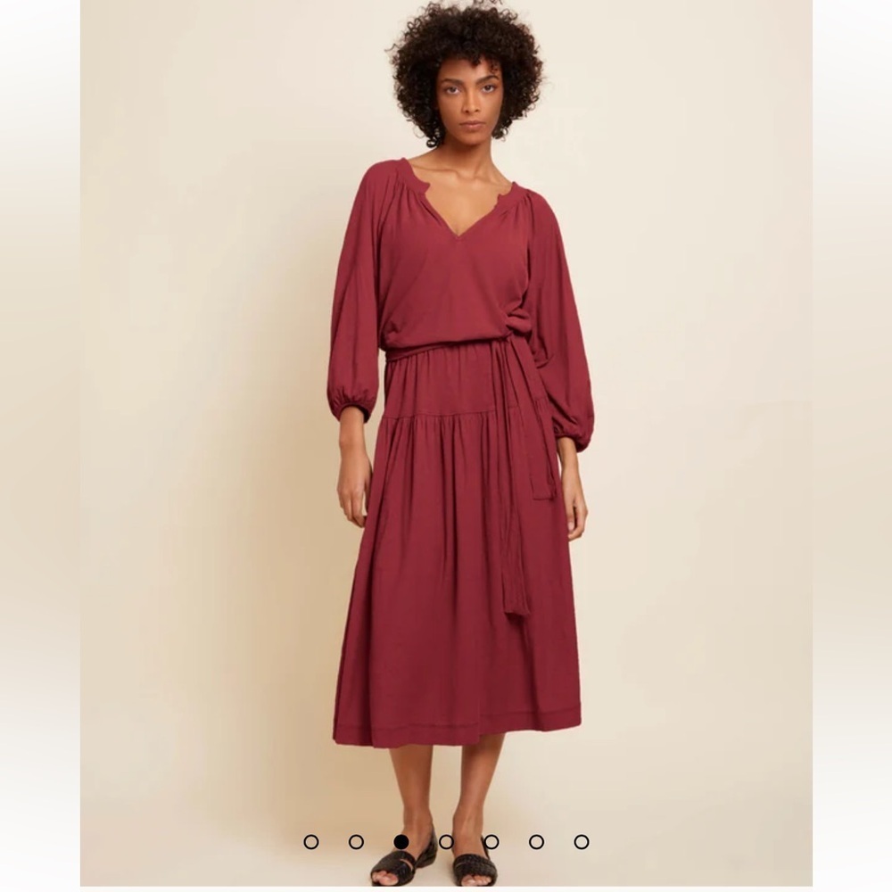 Nation Ltd Simona Easy Peasant Belted Pima Cotton Midi Dress In Plum - Small